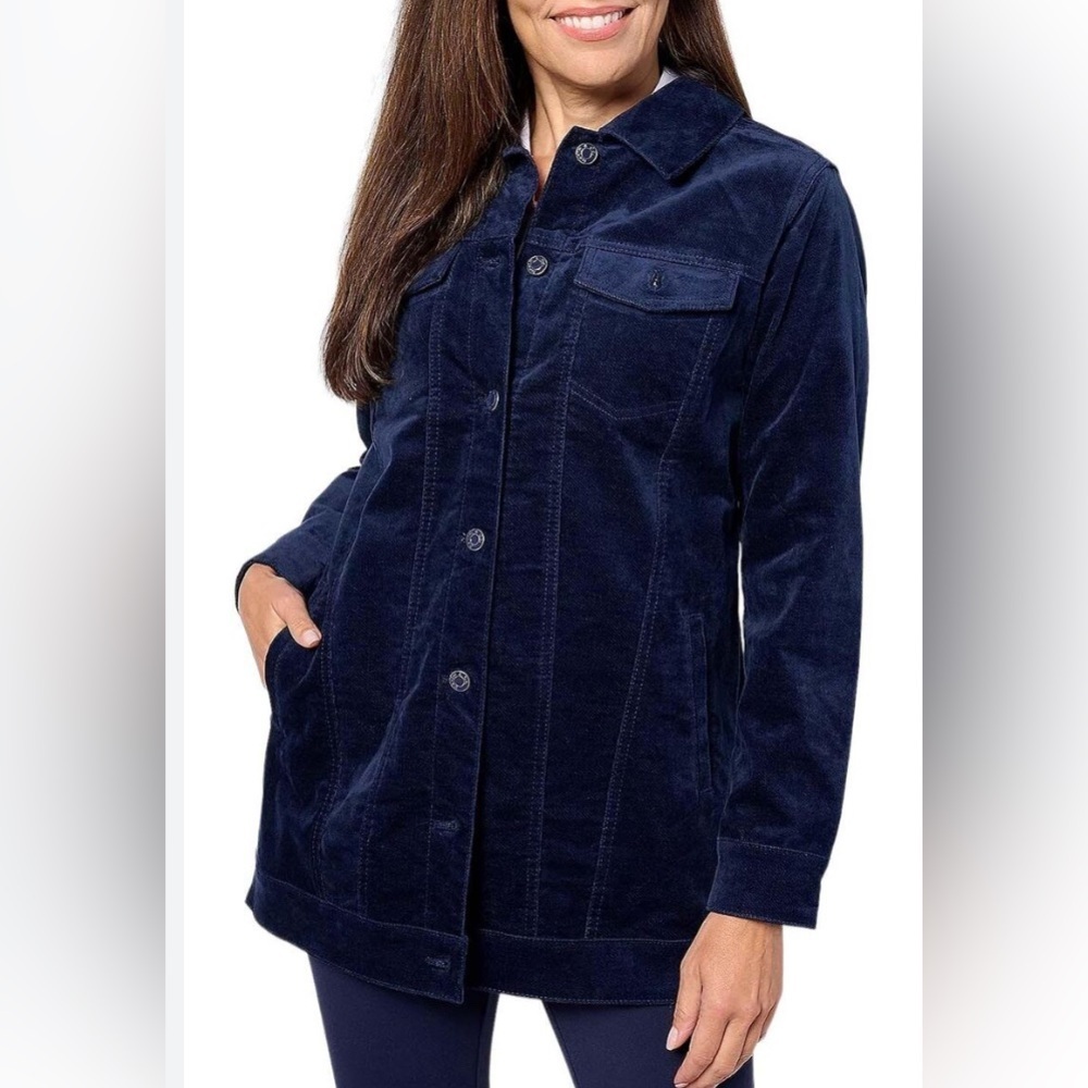A623550 DENIM & CO Stretch Velveteen Long Jacket Navy M